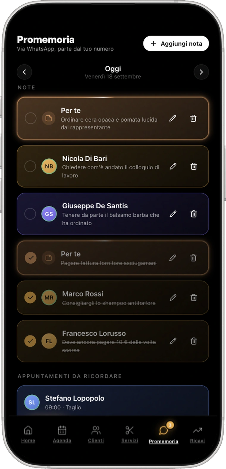 Nuova Immagine: notes and WhatsApp reminders in the dark theme
