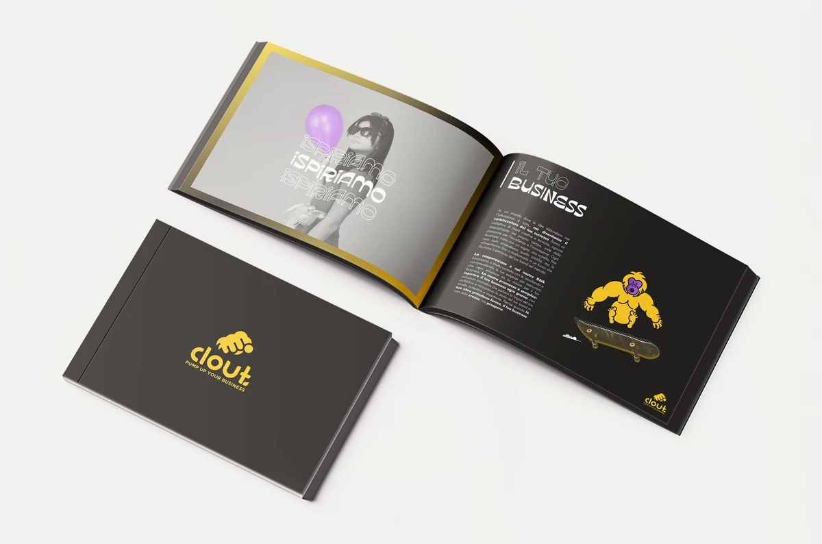 Clout Studio company profile, open spread and black cover