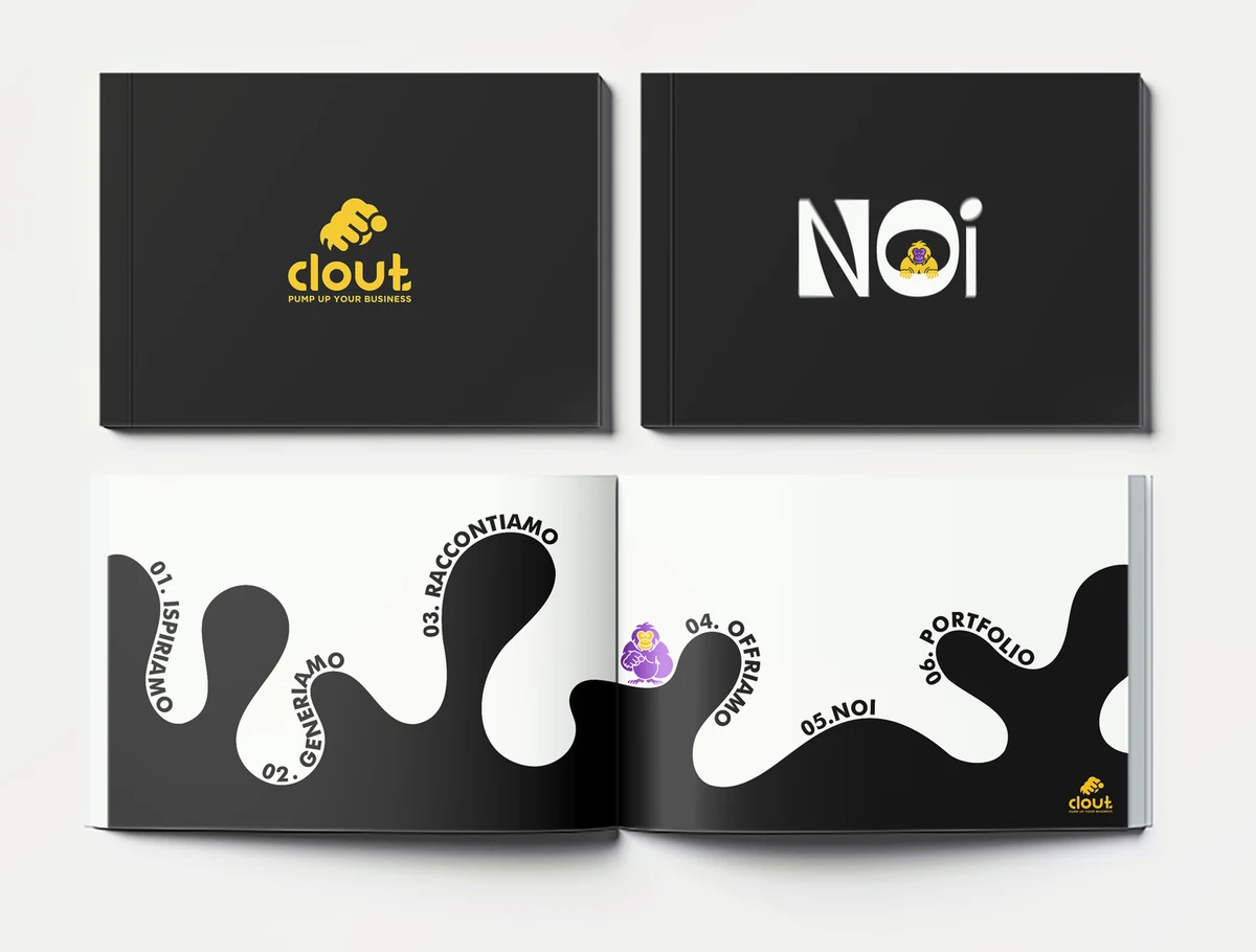 Clout Studio company profile, black covers with “Noi” and the wave spread
