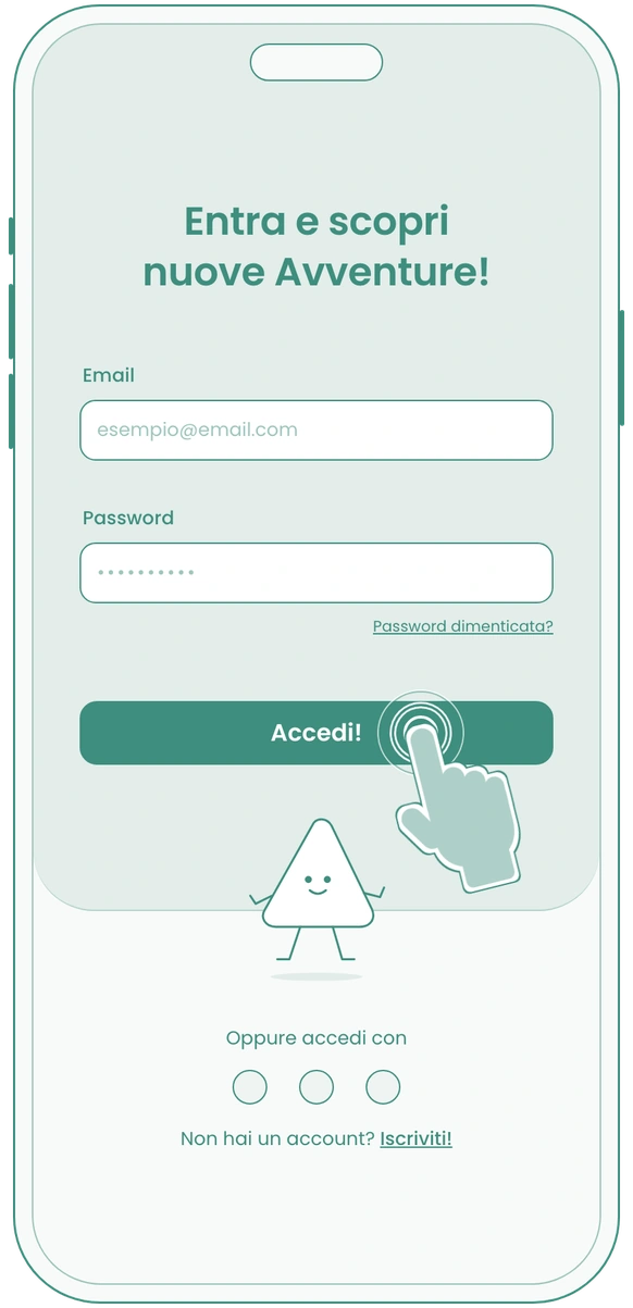 Vibly wireframe: login, tapping Accedi