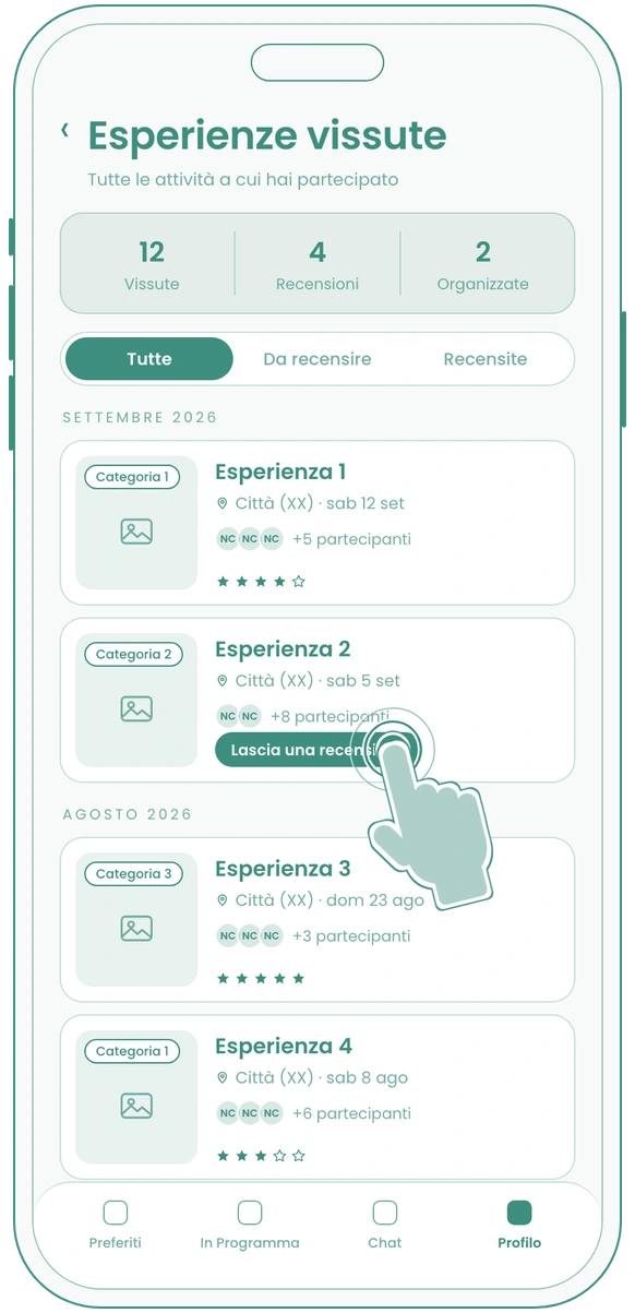 Vibly wireframe: past experiences, tapping Leave a review